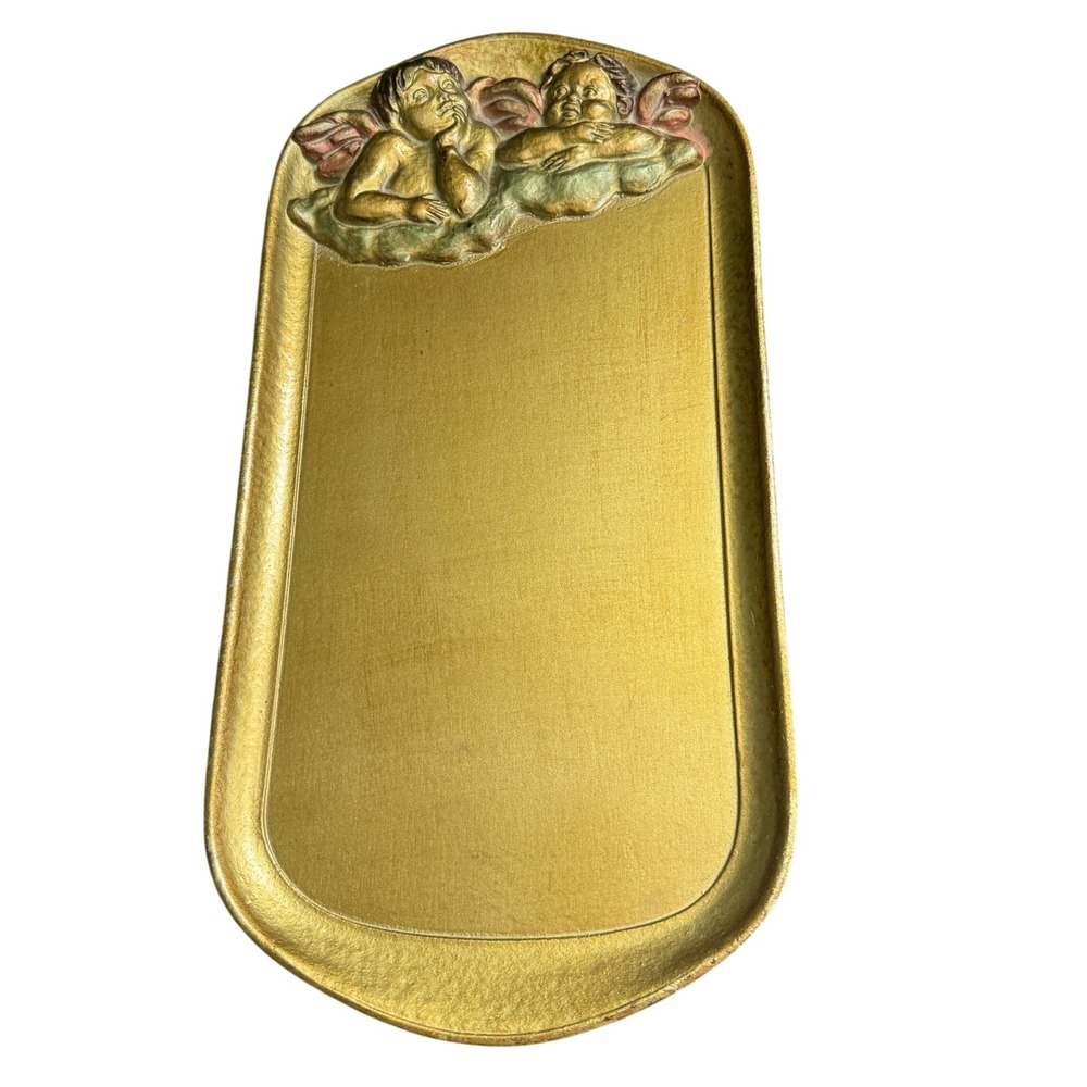 Vintage PFA Italy Florentine Gold‎ Gilt Wood Cherub Angel Tray Oval Relief